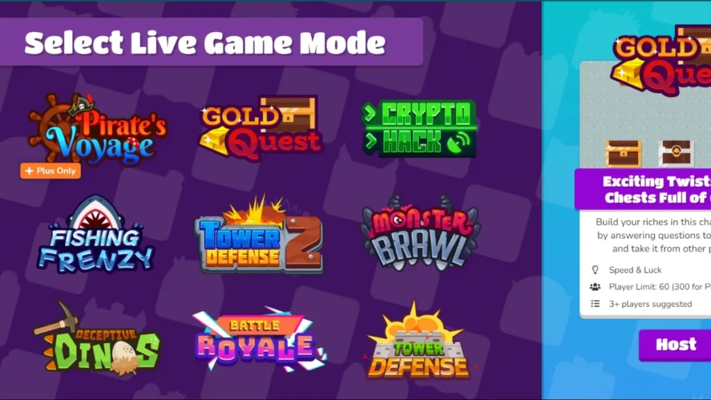 A selection screen displaying different Blooket live game modes