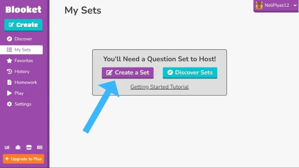 Blooket dashboard highlighting the _Create a Set_ button