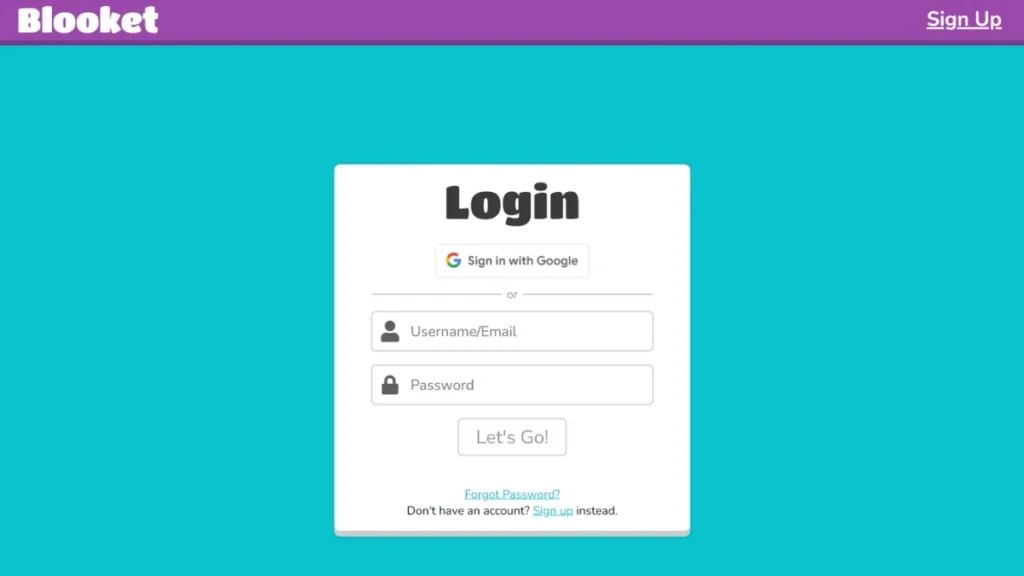 Blooket login screen with fields to enter username_email and password