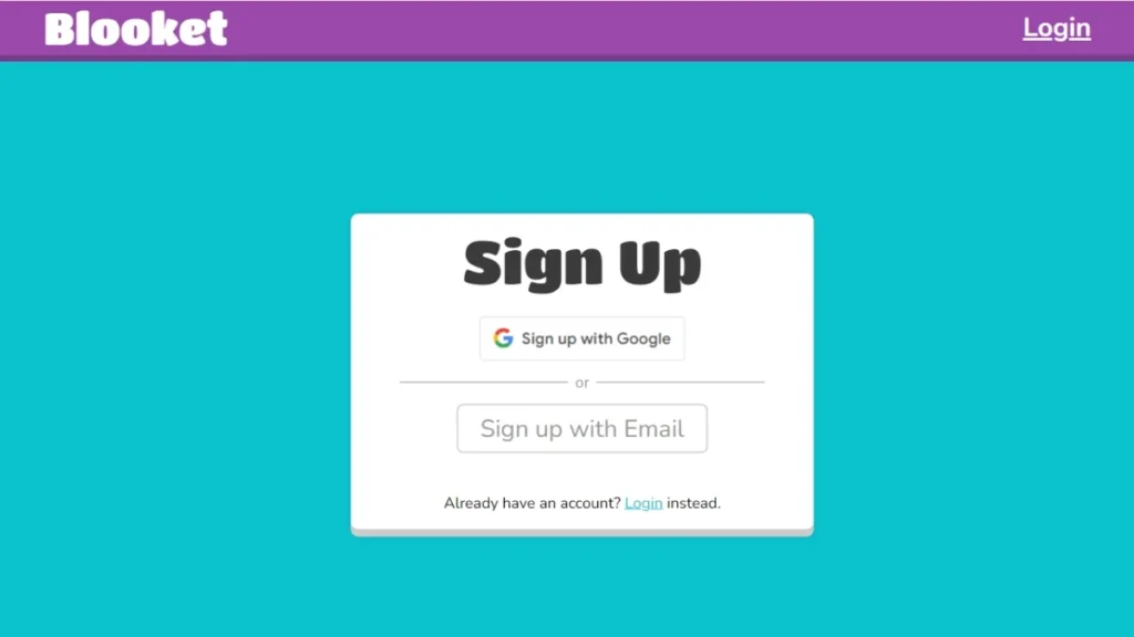 Options to sign up for Blooket using a Google account or a separate email and password